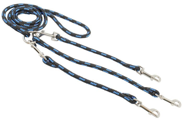 12" Braided Rope Three-Way Dog Leash Three Dog Coupler 3/8" Diam Blue with Black Medium