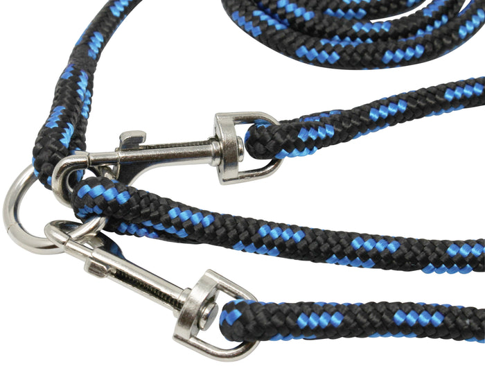 12" Braided Rope Three-Way Dog Leash Three Dog Coupler 3/8" Diam Blue with Black Medium