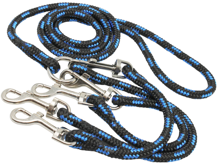 12" Braided Rope Three-Way Dog Leash Three Dog Coupler 3/8" Diam Blue with Black Medium