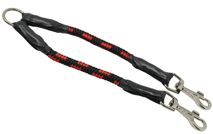 12" Long Braided Rope Double Dog Leash Two Dog Coupler 1/2" Diam Red with Black Large