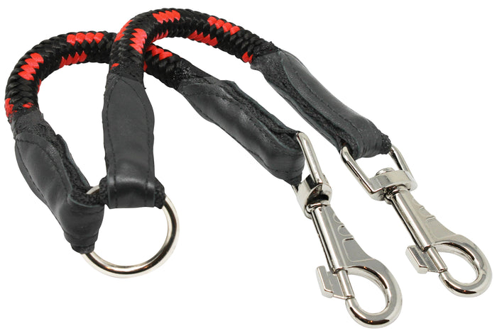 12" Long Braided Rope Double Dog Leash Two Dog Coupler 1/2" Diam Red with Black Large