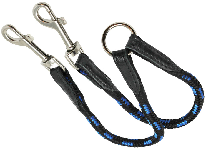 12" Long Braided Rope Double Dog Leash Two Dog Coupler 3/8" Diam Blue with Black Medium