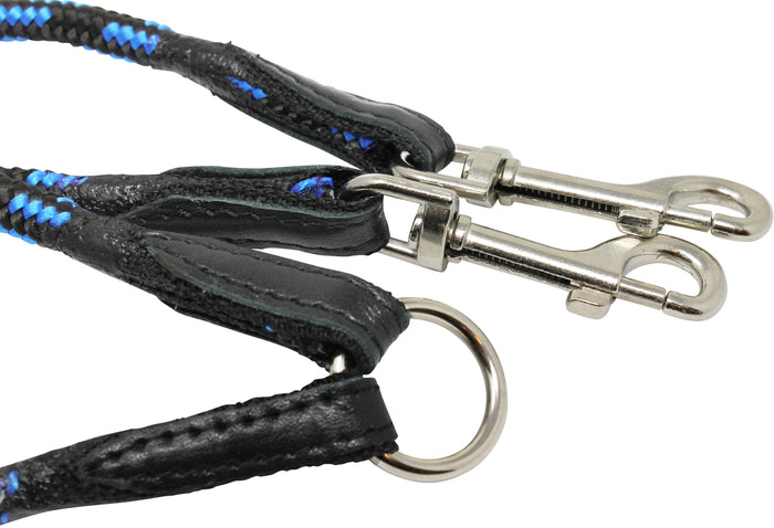 12" Long Braided Rope Double Dog Leash Two Dog Coupler 3/8" Diam Blue with Black Medium