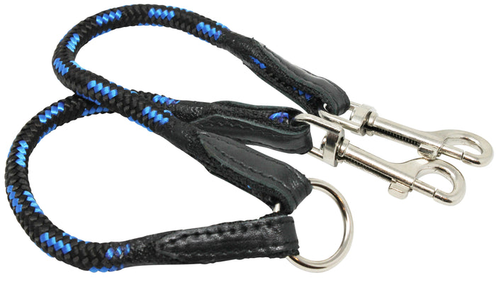 12" Long Braided Rope Double Dog Leash Two Dog Coupler 3/8" Diam Blue with Black Medium