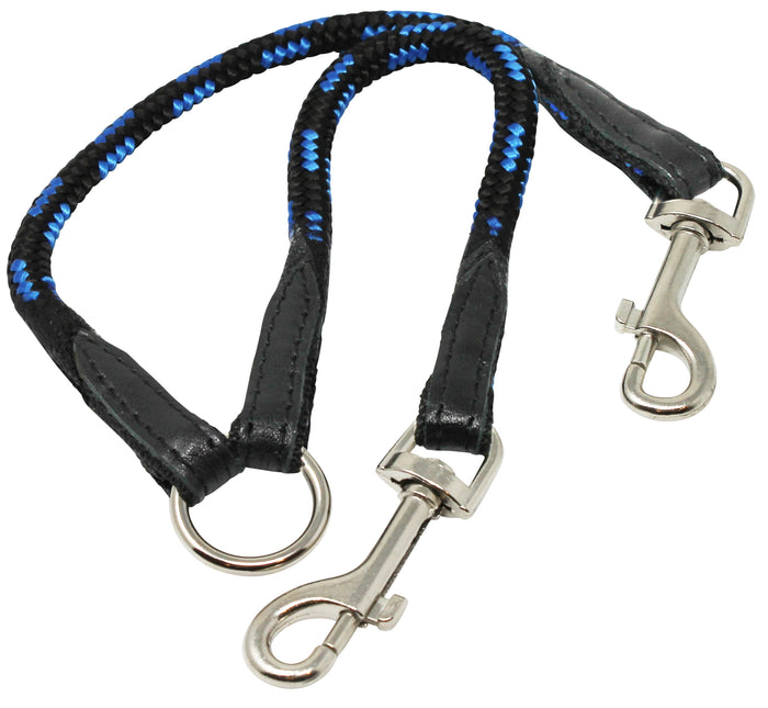 12" Long Braided Rope Double Dog Leash Two Dog Coupler 3/8" Diam Blue with Black Medium