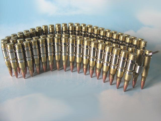 .223 brass bullet belt with copper tips and nickel plated links