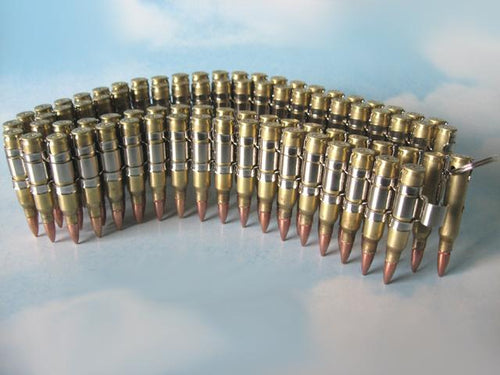 .223 brass bullet belt with copper tips and nickel plated links