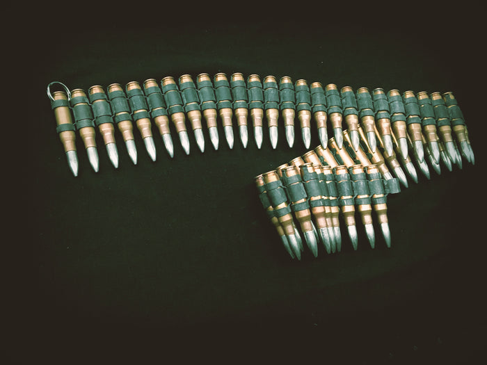 .308 brass bullet belt with nickel plated tips and black links