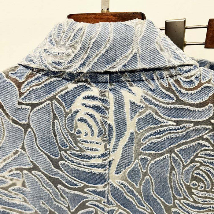 3D flower floral print jean pantsuit double breasted
