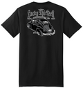 back of Black Lucky 13 amped t-shirt with a full back print of the "'57 Bug" graphic, and a front left chest print.