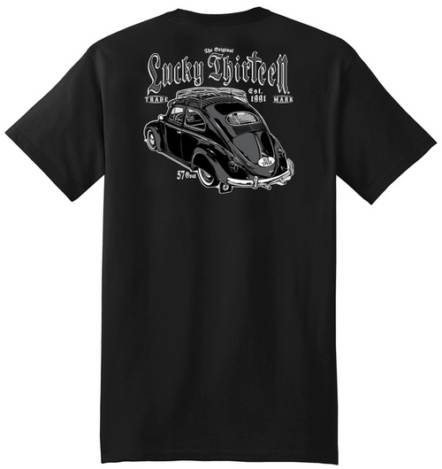 back of Black Lucky 13 amped t-shirt with a full back print of the "'57 Bug" graphic, and a front left chest print.