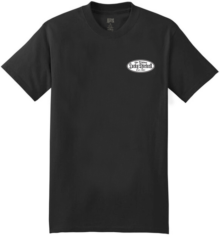 front of Black Lucky 13 amped t-shirt with a full back print of the "'57 Bug" graphic, and a front left chest print.