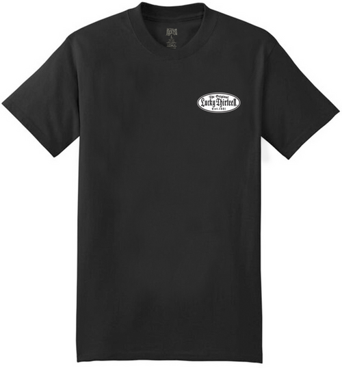 front of Black Lucky 13 amped t-shirt with a full back print of the "'57 Bug" graphic, and a front left chest print.