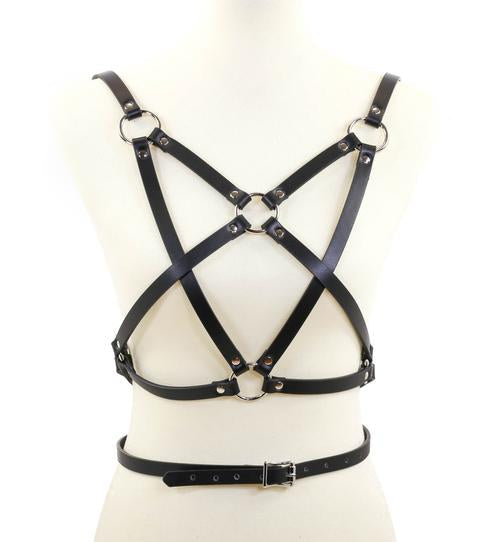 mannequin displaying black leather inverted pentagram shaped eight strap body harness with attached choker and multiple silver o rings