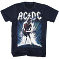 Navy blue ACDC band shirt with Angus Young playing guitar on the front.