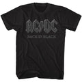 black acdc band shirt with logo and text that reads "back in black"