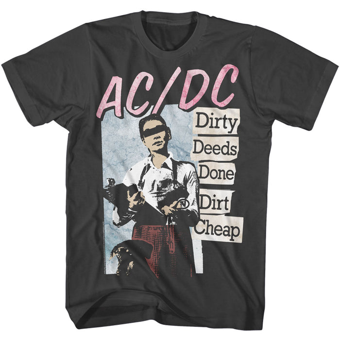 smoke gray acdc band shirt with logo and dirty deeds done dirt cheap album art graphic with text that reads "dirty deeds done dirt cheap"