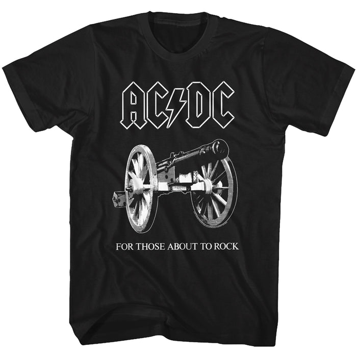 black acdc band shirt with logo and for those about to rock album cover art with text that reads "for those about to rock"