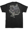 back of Black Lucky 13 t-shirt with a back print of the Lucky 13 "Ace Of Spades" graphic and a front left chest print to match.