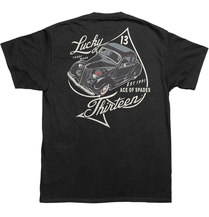 back of Black Lucky 13 t-shirt with a back print of the Lucky 13 "Ace Of Spades" graphic and a front left chest print to match.