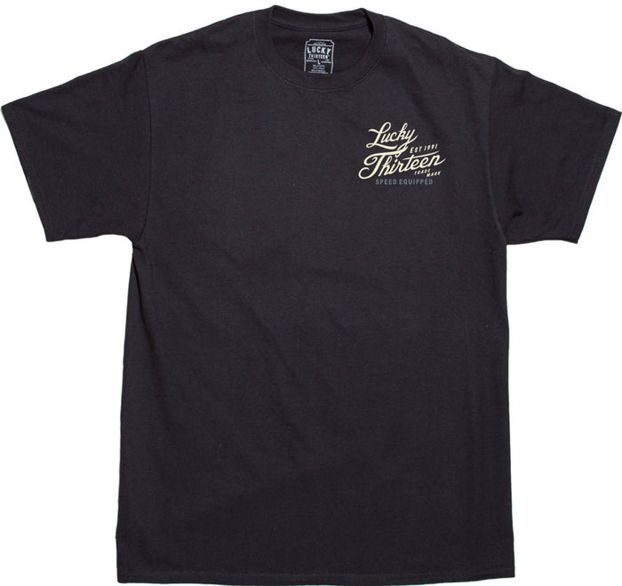 front of Black Lucky 13 t-shirt with a back print of the Lucky 13 "Ace Of Spades" graphic and a front left chest print to match.