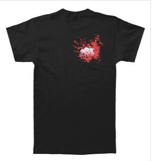 Black double sided Aiden band shirt with logo on front right, above artwork of a bloody bride. Back print has a bloody heart.