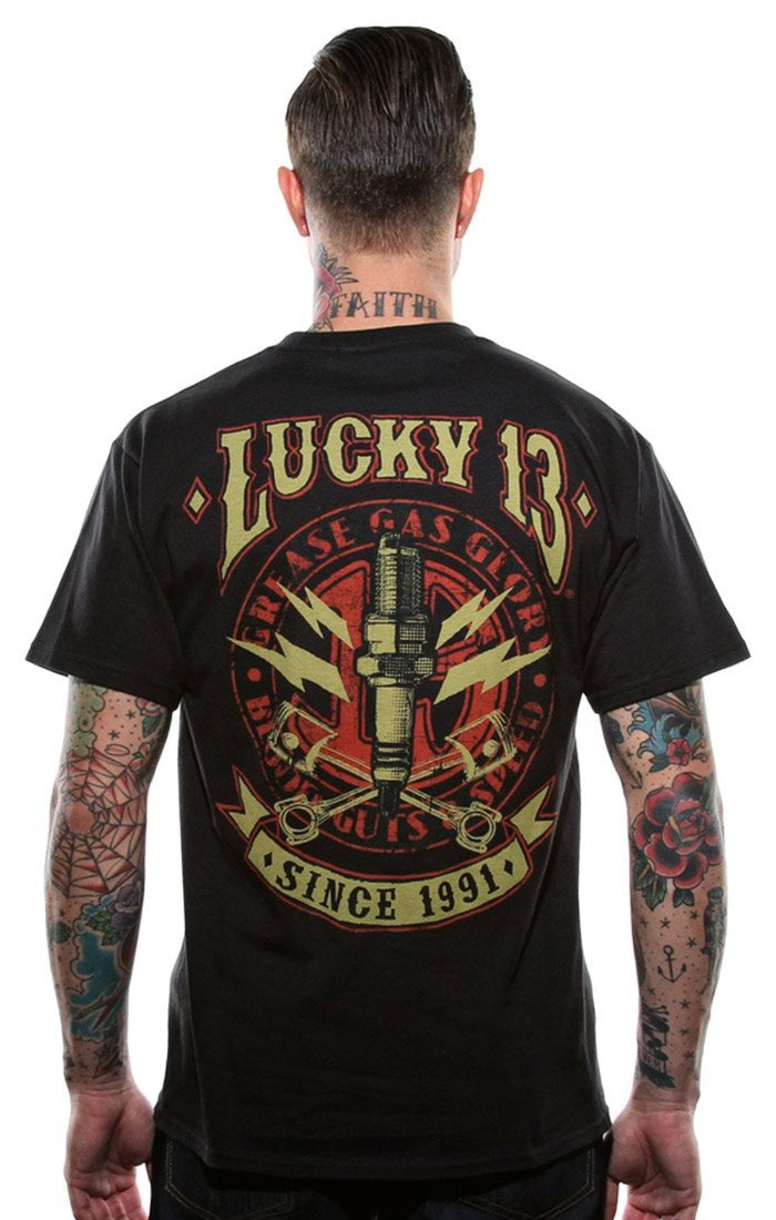 back of Lucky 13 amped t-shirt with a full back print of their classic "Amped" graphic, and a front left chest print.