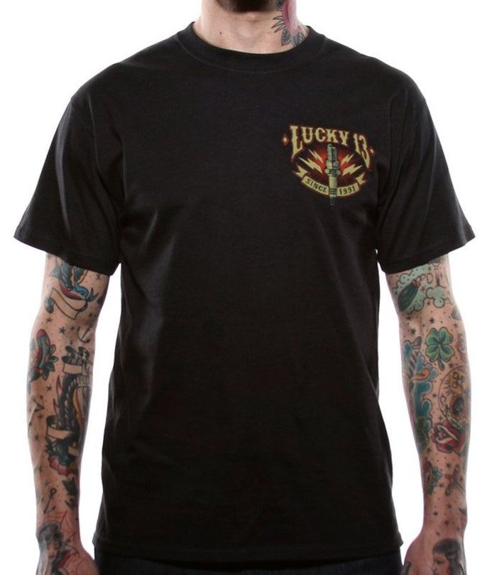 front of Lucky 13 amped t-shirt with a full back print of their classic "Amped" graphic, and a front left chest print.
