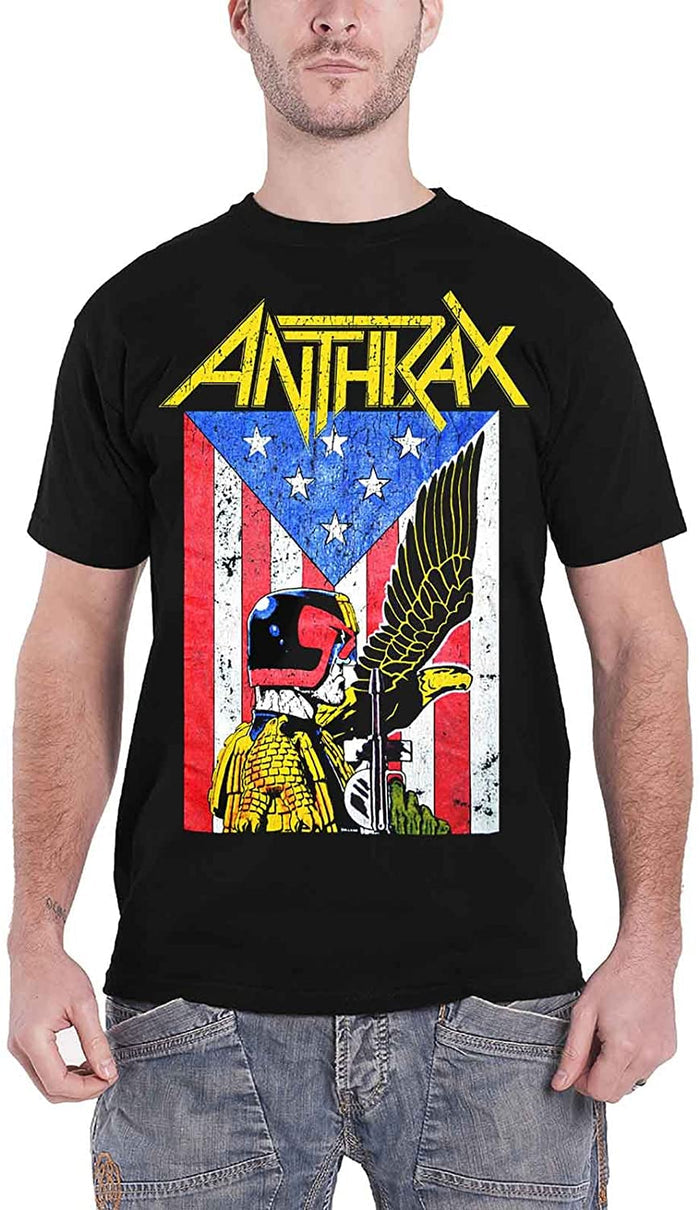 model wearing a black Anthrax band t-shirt with a graphic design featuring an eagle and the band's name in bold letters.