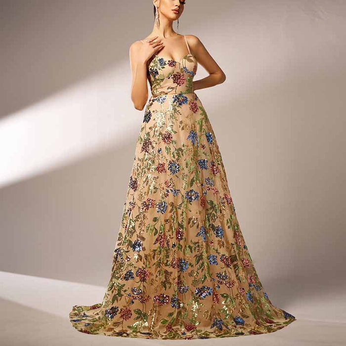 Apricot Sequin Floral A-Line Spaghetti Strap Prom Dress Event Dress