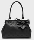 Black handbag with embossed spider pattern and bow on a white background