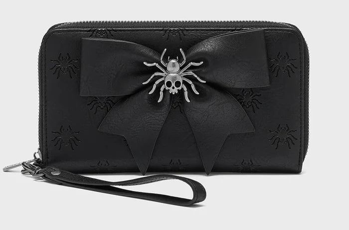 Black wallet with a spider design on a light gray background