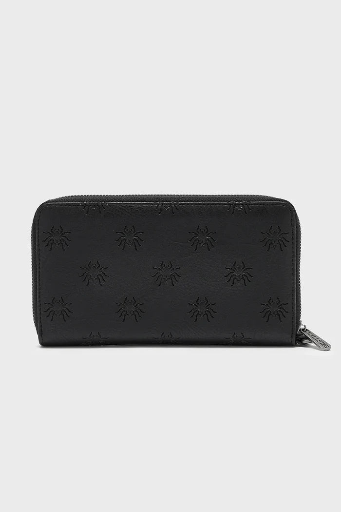 Black wallet with embossed spider design on a white background