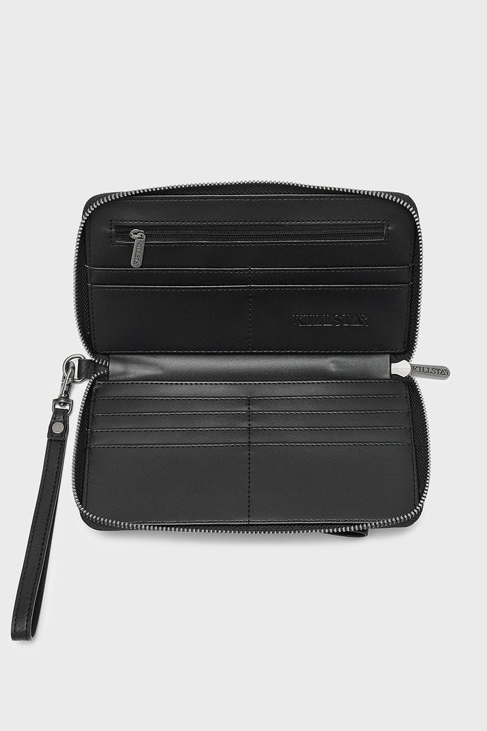 Black leather wallet with wrist strap on a light gray background