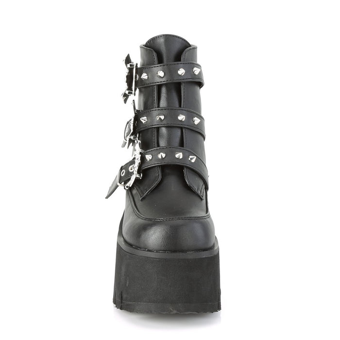 front view black unisex vegan leather chunky 3.5 inch heel ankle boot, with three straps, bat buckles and silver tree spikes across straps