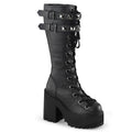 right side view of black vegan leather unisex boot with 4 3/4" chunky pleated heel, has two adjustable buckle straps on top with silver pyramid stud detail