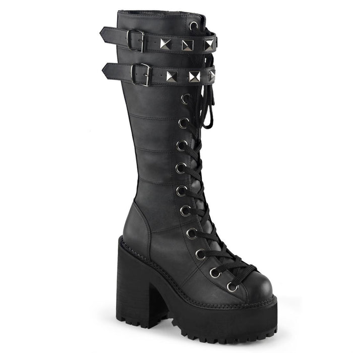 right side view of black vegan leather unisex boot with 4 3/4" chunky pleated heel, has two adjustable buckle straps on top with silver pyramid stud detail