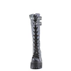 front view of black vegan leather unisex boot with 4 3/4" chunky pleated heel, has two adjustable buckle straps on top with silver pyramid stud detail