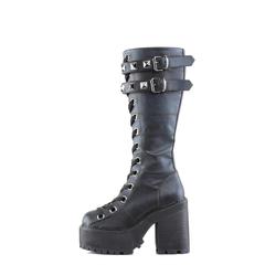 left view of black vegan leather unisex boot with 4 3/4" chunky pleated heel, has two adjustable buckle straps on top with silver pyramid stud detail