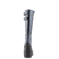 backside view of black vegan leather unisex boot with 4 3/4" chunky pleated heel, has two adjustable buckle straps on top with silver pyramid stud detail