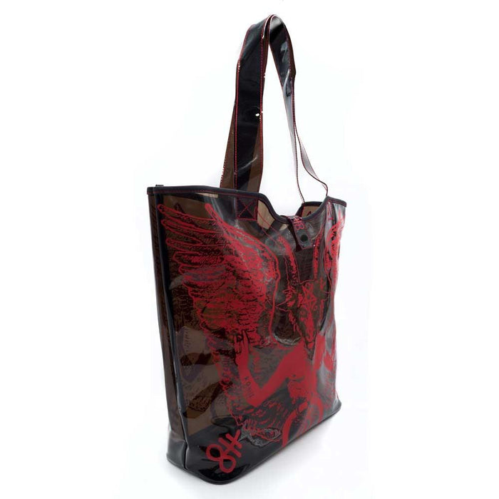 See-through black PVC beach tote. Bag has red Baphomet print on it. Bag has a double handle and snap closure.