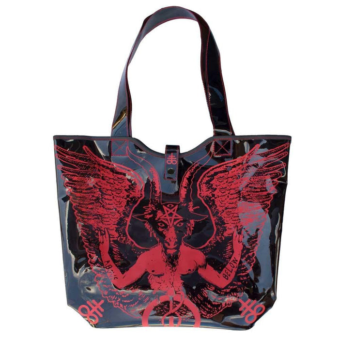 See-through black PVC beach tote. Bag has red Baphomet print on it. Bag has a double handle and snap closure.