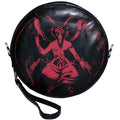 front of Round black vegan leather wristlet purse with a red baphomet print on the front and satanic symbols printed on the back.