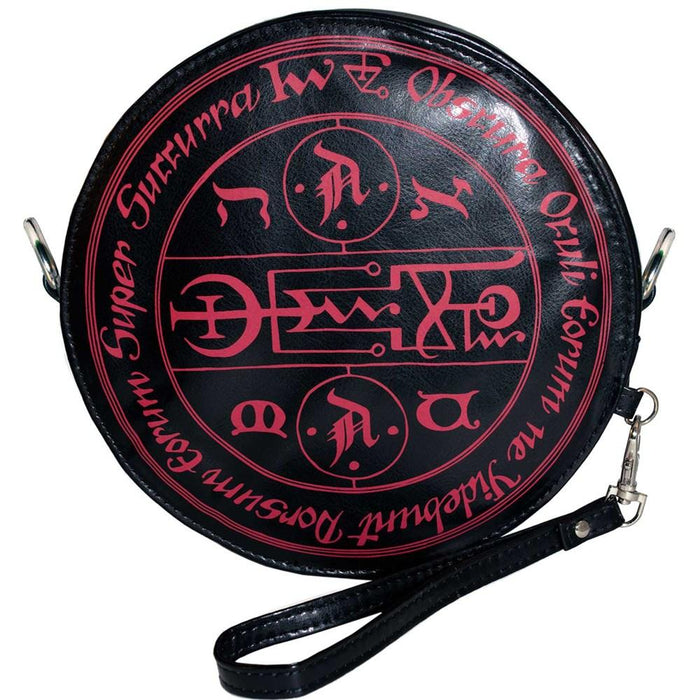 back of Round black vegan leather wristlet purse with a red baphomet print on the front and satanic symbols printed on the back.