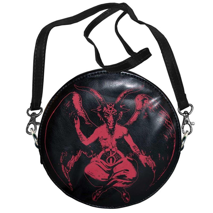 front of Round black vegan leather wristlet purse with a red baphomet print on the front and satanic symbols printed on the back.