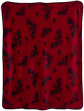 burgundy fleece blanket with black trim, featuring a black bats pattern.