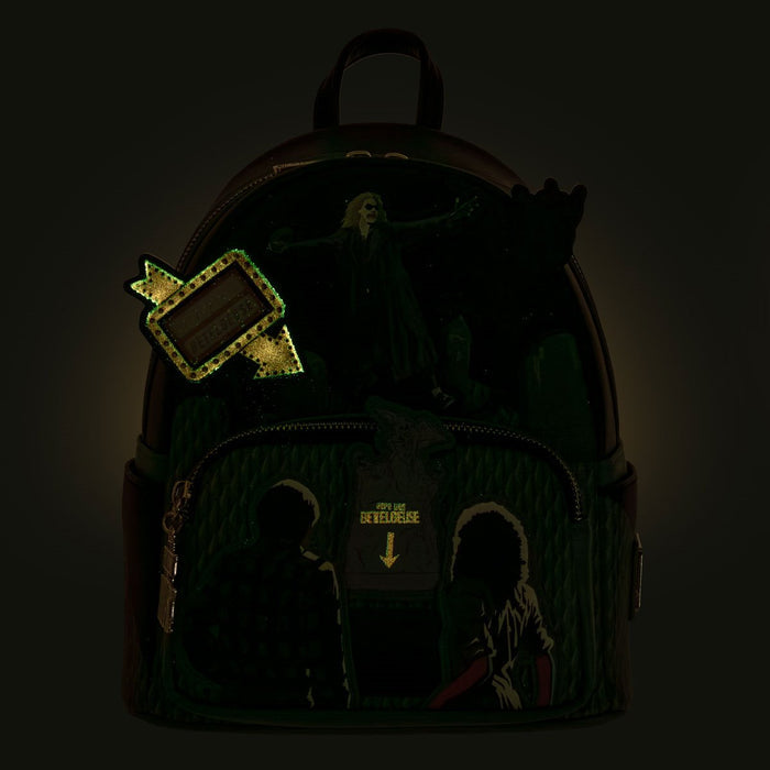 backpack on display, glowing in the dark