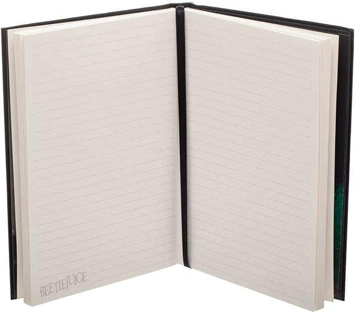 inside of journal showing blank lined pages with beetlejuice logo on bottom left