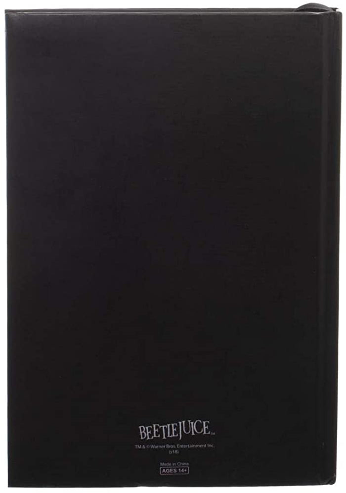 backside of journal, black, with beetlejuice logo on the bottom