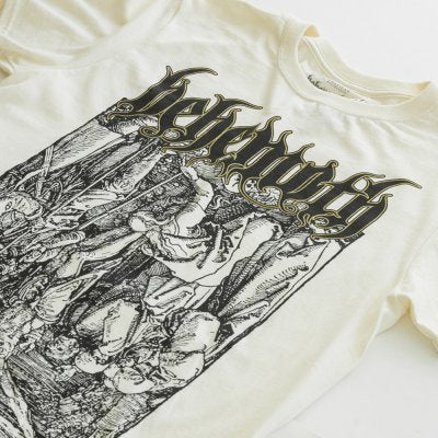 front view of Natural white Behemoth shirt with logo on the top, Jesus on the cross artwork on the front center